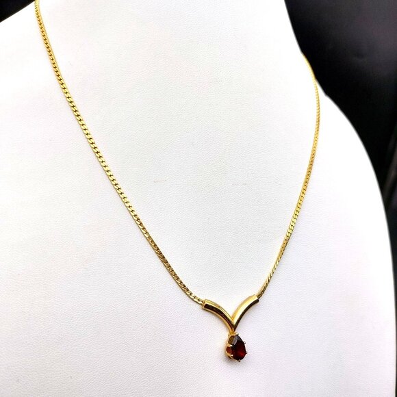 Vintage Avon Y-Shaped Gold-Tone Necklace With Burgundy Purple Teardrop Pendant - Picture 1 of 6